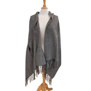 J. Crew Wool Blend Glen Plaid Cape / Shawl / Wrap, Black, White with Fringe, OS